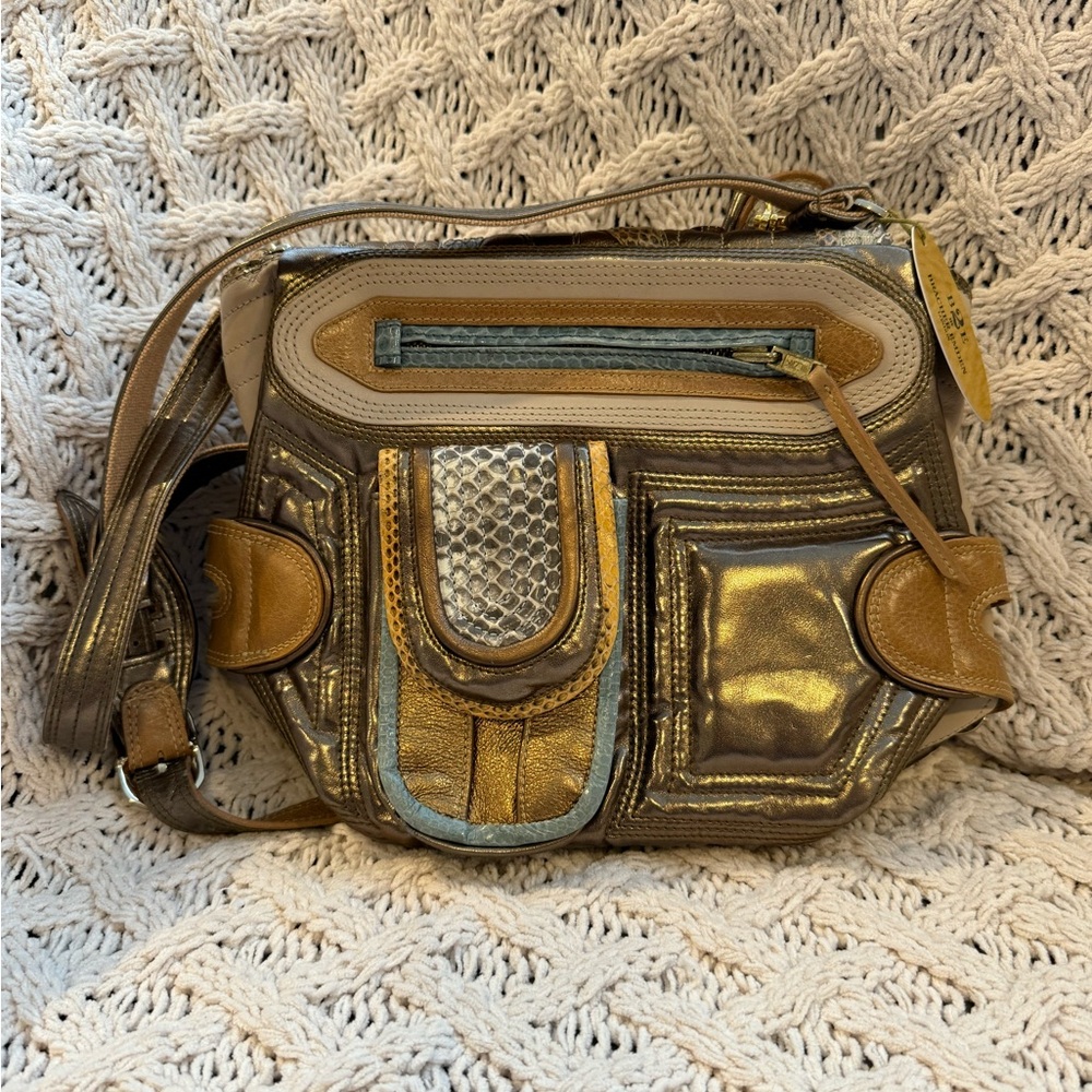 Bracher Emden Buckle Purse Tan Beige Snakeskin Leather Embellished New - Picture 6 of 11